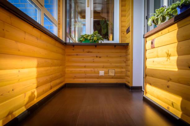 istock Wooden walls on a loggia 1055100646