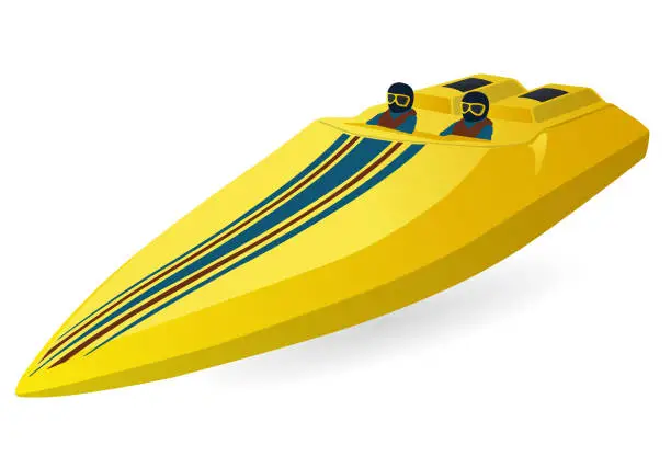 Vector illustration of Race sports boat. Luxury expensive yellow motorboat, deluxe speedboat