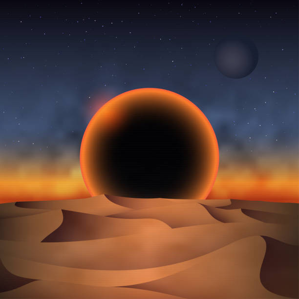 istock Retro 80s futuristic landscape design. Sunset of a black sun over desert 1055107082