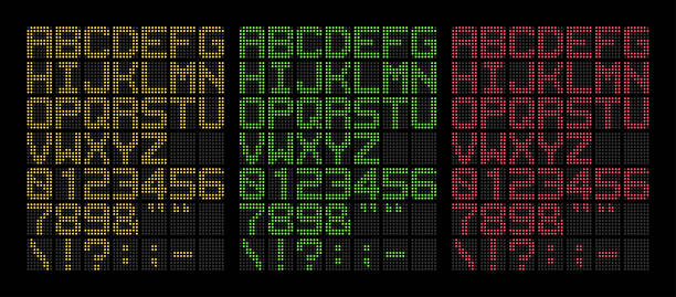 cyfrowa żółta, zielona i czerwona czcionka ledowa pogrubiona izolowana na czarnym tle, ilustracja wektorowa - led panel stock illustrations