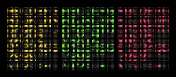 цифровой желтый, зеленый и красный жирный светодиодный шрифт изолированы на черном фоне, вектор иллюстрации - scoreboard stock illustrations