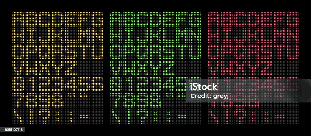 Digital yellow, green and red bold led font isolated on black background, vector illustration Typescript stock vector