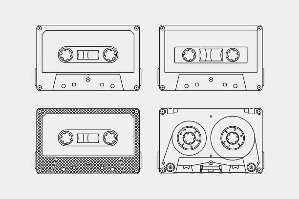 illustrations, cliparts, dessins animés et icônes de silhouettes de compacts cassettes ou bandes dans le style de contour - retro revival music audio cassette old