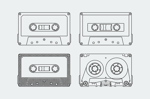 Silhouettes of compact cassettes or tapes in outline style