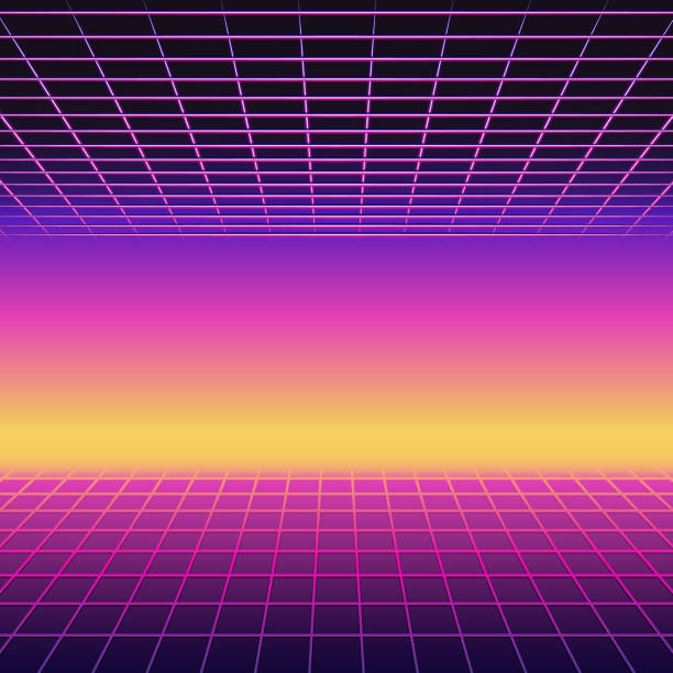 Retro 80s futuristic design. Neon sunset background with laser grids Retro 80s futuristic design. Neon sunset background with laser grids 1980 stock illustrations