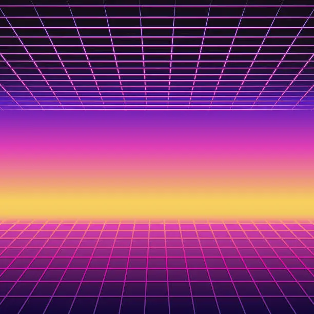 Vector illustration of Retro 80s futuristic design. Neon sunset background with laser grids