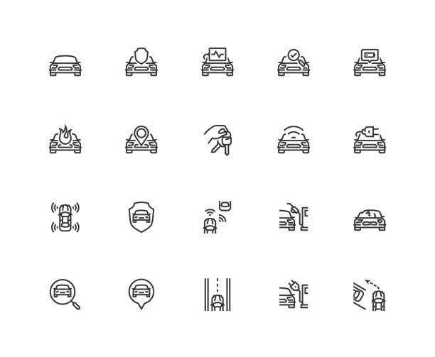 Car related vector icon set in thin line style. Pixel perfect, 48x48 grid Car related vector icon set in thin line style. Pixel perfect, 48x48 grid gas pump hand stock illustrations