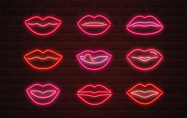 illustrations, cliparts, dessins animés et icônes de les lèvres de néon vecteur signe sur fond de brickwall - sexy lips