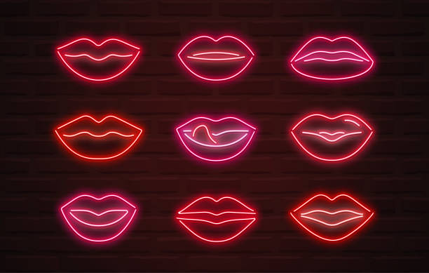 вектор неоновые губы знаки на фоне кирпичной стены - sexy lips stock illustrations