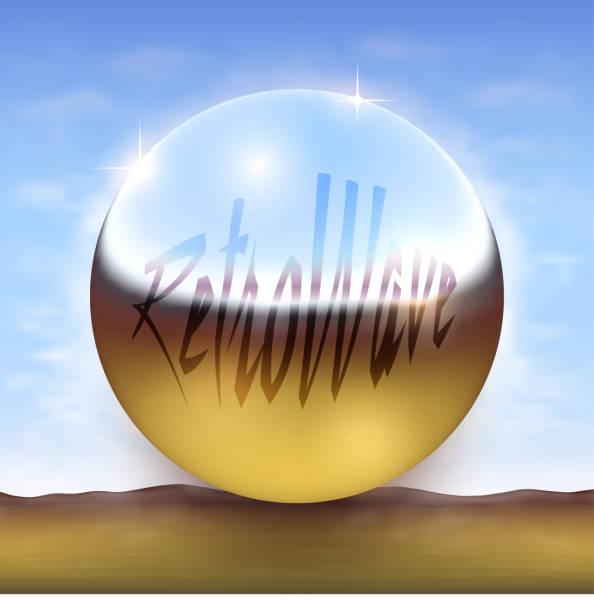 istock Retro 80s futuristic vector illustration. Chrome ball over desert 1055107314