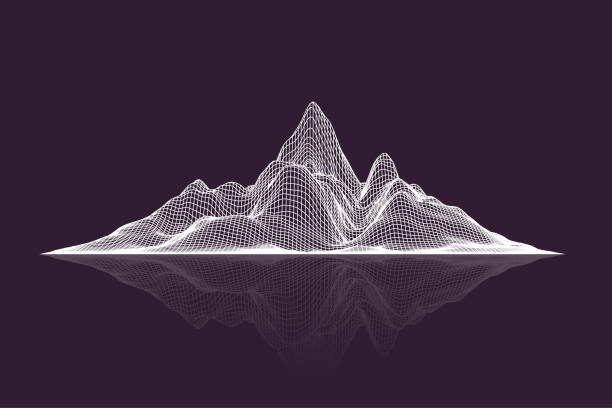 Abstract vector wireframe mesh mountains with reflection, front view Abstract vector wireframe mesh mountains with reflection, front view land feature stock illustrations