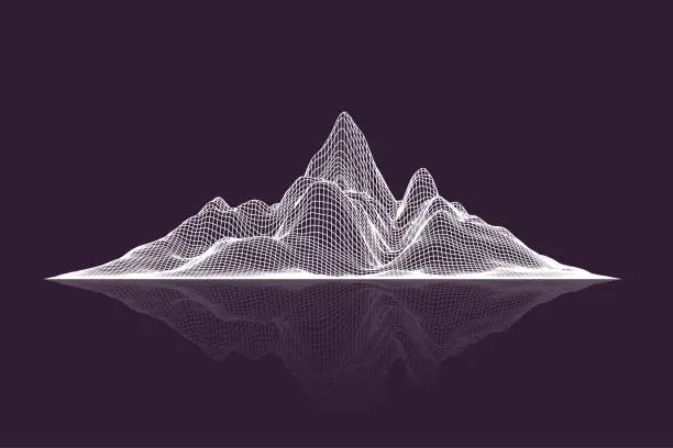 Vector illustration of Abstract vector wireframe mesh mountains with reflection, front view