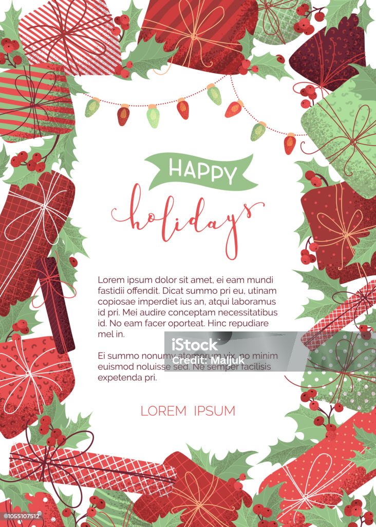 Vector Happy Holidays background. Merry Christmas design template with hand-drawn grain texture. Mistletoe leaves and berries, gifts, garlands of red and green lamps. There is copyspace for your text. Christmas stock vector