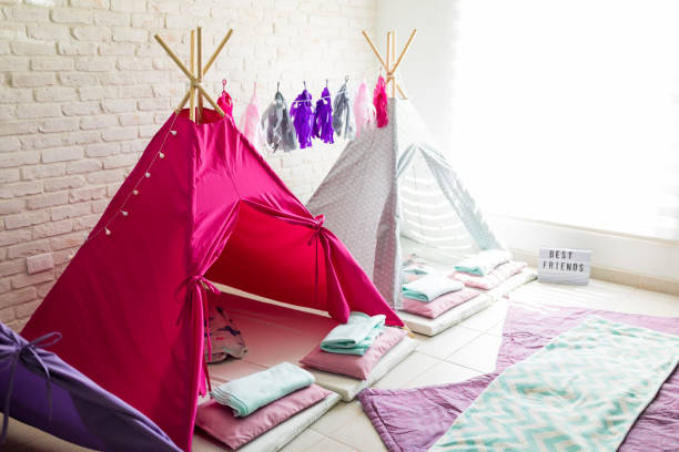 Teepee Tents For Pajama Party At Home Pink and white teepee tents for pajama party at home slumber party stock pictures, royalty-free photos & images