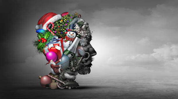 Winter Holiday Depression Winter holiday depression psychology or psychiatry mental health concept representing the idea of feeling depressed during Christmas and New ear season with 3D illustration elements. seasonal affective disorder stock pictures, royalty-free photos & images
