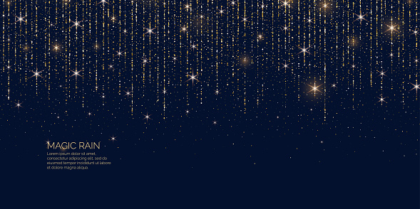 Bright vector illustration Magic rain of sparkling glittery particles lines on a dark background.