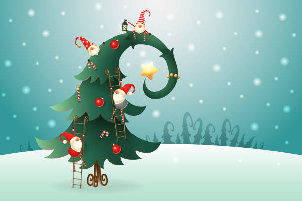 illustrazioni stock, clip art, cartoni animati e icone di tendenza di albero di natale decorato con gnomi scandinavi che si arrampicano su tutto l'albero sul paesaggio invernale - pianta nana