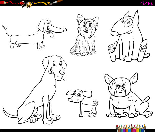 만화 순종 개 문자 색상 책 - coloring dog pets puppy stock illustrations