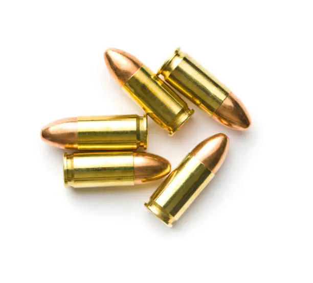 9mm pistol bullets isolated on white background.