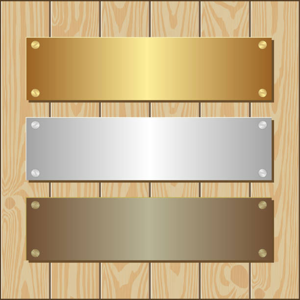 podium golden, silver and bronze plaques on wooden background bronze plaque texture stock illustrations