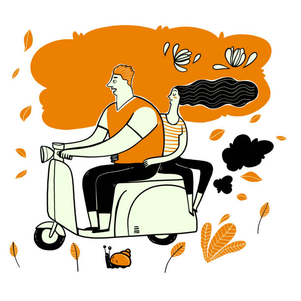 The couple riding scooter. The couple riding scooter. Collection of hand drawn, Vector illustration in sketch doodle style. clingy girlfriend stock illustrations