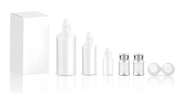 Vector illustration of Mock up Realistic Transparent Contact Lenses Bottles Product, Eye Dropper and Case With Carton Background Illustration