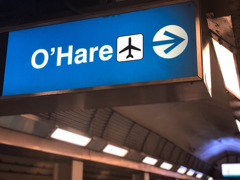 O’Hare blue line l train sign in the Chicago loop.