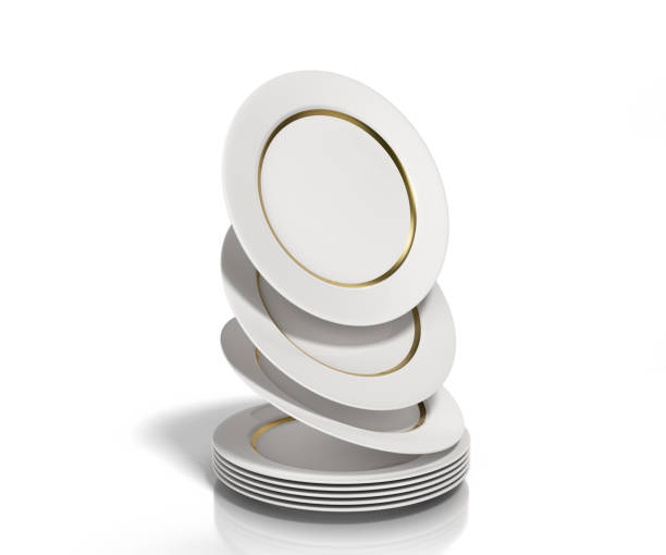 istock a stack of white plates with a gold strip 3d render on a white background 1055150168