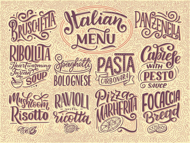 義大利菜功能表-菜名。刻字, 程式化繪圖。向量例證。餐廳、咖啡廳、櫥窗、店面設計背景 - 意大利語 幅插畫檔、美工圖案、卡通及圖標