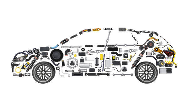 silhouette auto fatta di dettagli rendering 3d su bianco nessuna ombra - whell foto e immagini stock