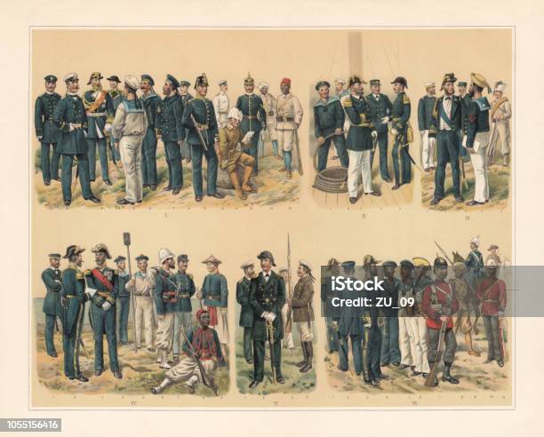 European Marine Protection And Colonial Troops Chromolithograph Published In 1897 Stock Illustration - Download Image Now