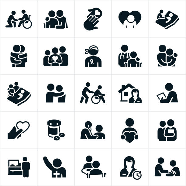 ilustrações de stock, clip art, desenhos animados e ícones de hospice and palliative healthcare icons - senior adult old nursing home people