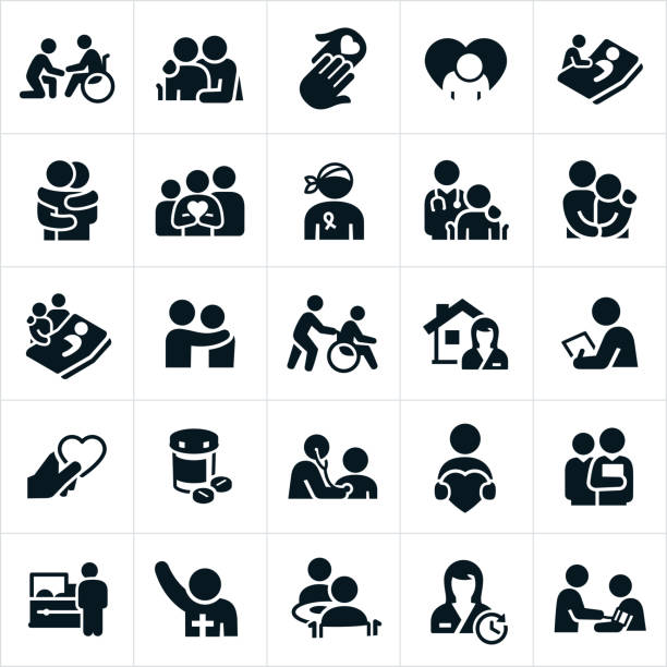 Hospice and Palliative Healthcare Icons An icon set representing the hospice and palliative care healthcare industry. The icons include elderly people receiving care, a cancer patient, patients in wheelchairs, symbols of hope, family grieving, family support, patients in bed, patients suffering from life threatening illnesses, healthcare professionals, nurses, social workers, medical exams, home care, medication, religious leader and death to name just a few. bad heart stock illustrations