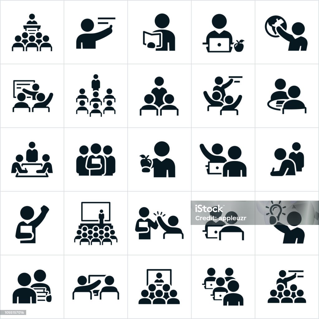 Teachers, Professors and Instructors Icons A set of icons representing teachers, professors and instructors. The icons show several different scenarios of teachers or instructors teaching, training or instructing others. Icon stock vector