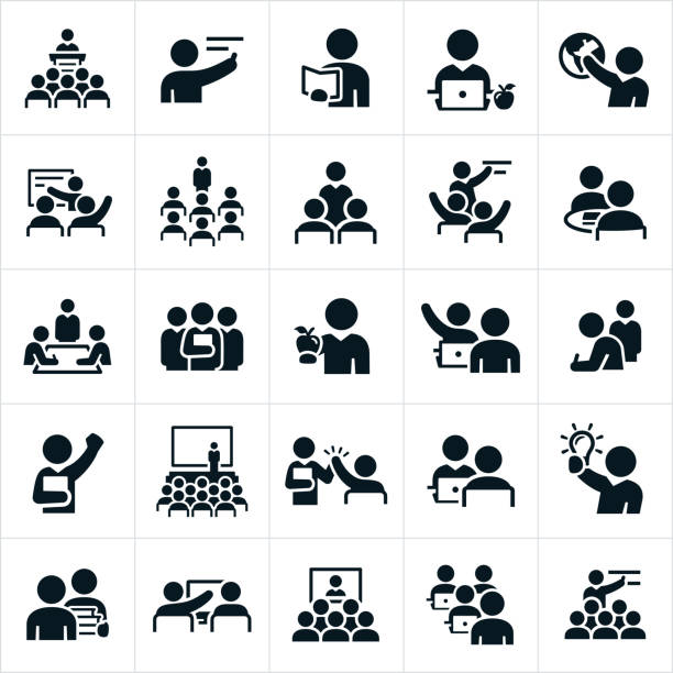 Teachers, Professors and Instructors Icons A set of icons representing teachers, professors and instructors. The icons show several different scenarios of teachers or instructors teaching, training or instructing others. meeting stock illustrations