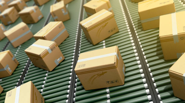 istock Modern Packages delivery packaging service and parcels transportation system concept cardboard boxes on conveyor 3d render 1055157686