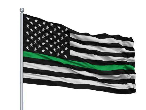 Photo of Usa Thin Green Line Flag On Flagpole, Isolated On White