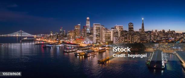 Aerial View Of San Francisco Skyline With Holiday City Lights Stock Photo - Download Image Now