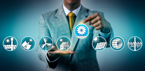 istock Man Selecting Hydropower In Lineup Of Renewables 1055170554