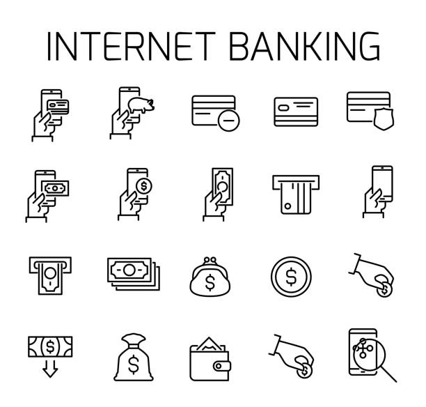ilustrações, clipart, desenhos animados e ícones de internet banking relacionados vector conjunto de ícones. - usar portátil