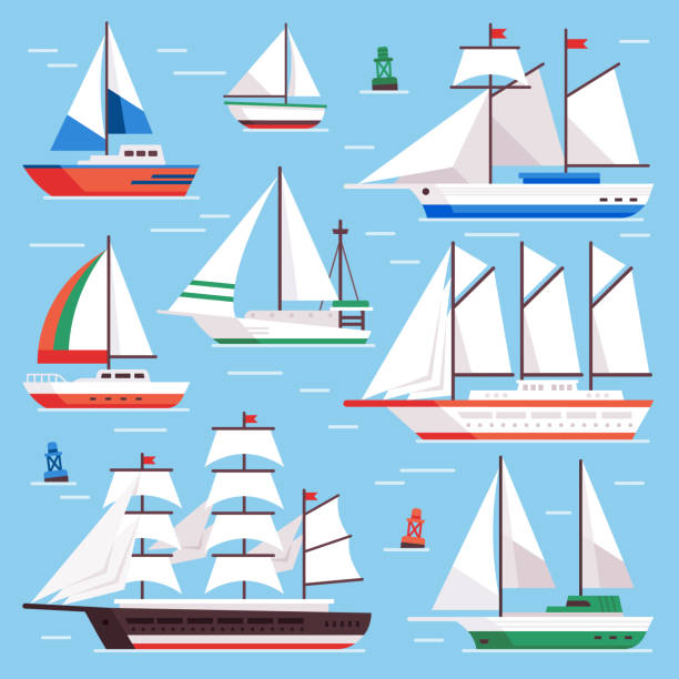 ilustrações, clipart, desenhos animados e ícones de barco a vela. veleiro de transporte para a prova de vela. apartamento luxo vela conjunto de ilustração vetorial - veleiro luxo