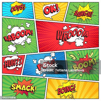 istock Comics page. Comic book grid frame, funny oops bam smack text speech bubbles on color stripes background vector layout template 1055175816