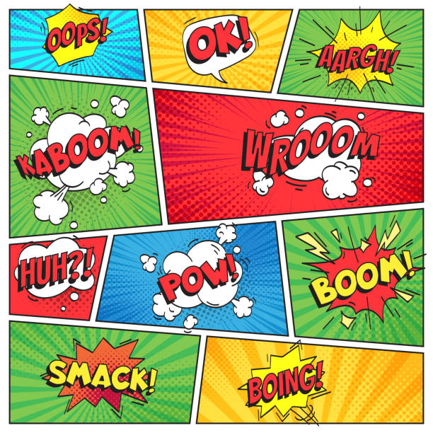 Comics page. Comic book grid frame, funny oops bam smack text speech bubbles on color stripes background vector layout template Comics page. Comic book grid frame, funny oops bam smack text burst speech bubbles, bubble pack explosion on color stripes cover retro background colorful vector layout template animated cartoon stock illustrations