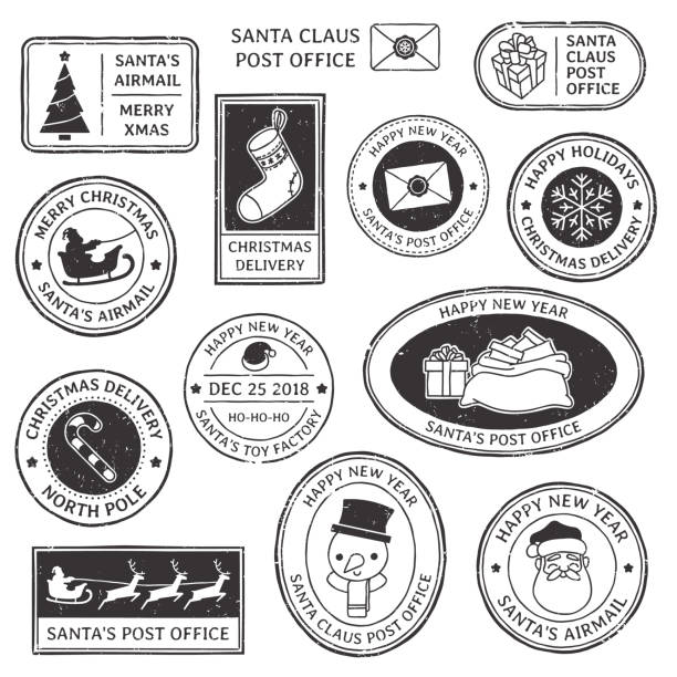 クリスマスのスタンプです。ビンテージ サンタ クロースの消印、切手ベクトル イラスト セットの北極メール名声およびスノーフレーク シンボル - pole sign north north pole点のイラスト素材／クリップアート素材／マンガ素材／アイコン素材