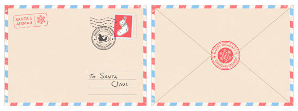 Dear santa claus mail envelope. Christmas surprise letter, child postcard with north pole postmark cachet vector illustration Dear santa claus mail envelope. Christmas surprise letter, child postcard with north pole postmark cachet. Postage surprised correspondence envelope, letters blank vector illustration santa letter stock illustrations