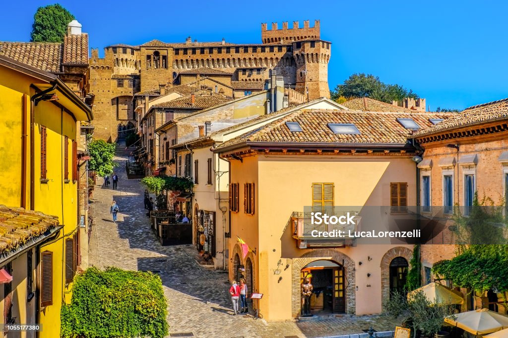 mediaeval town buildings of Gradara italy colorful houses village streets . Italy Stock Photo