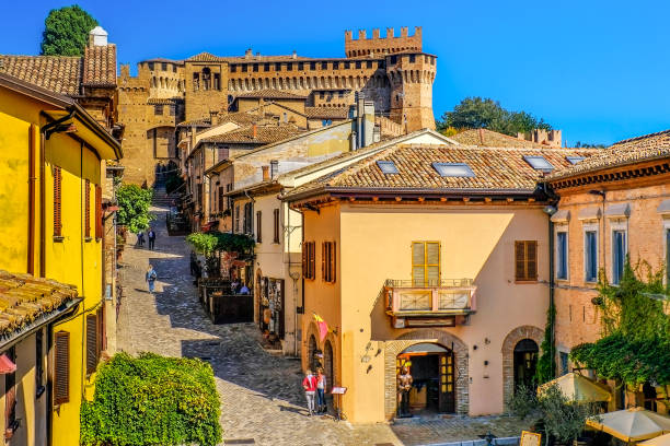mediaeval town buildings of Gradara italy colorful houses village streets . mediaeval town buildings of Gradara italy colorful houses village streets . marche italy stock pictures, royalty-free photos & images