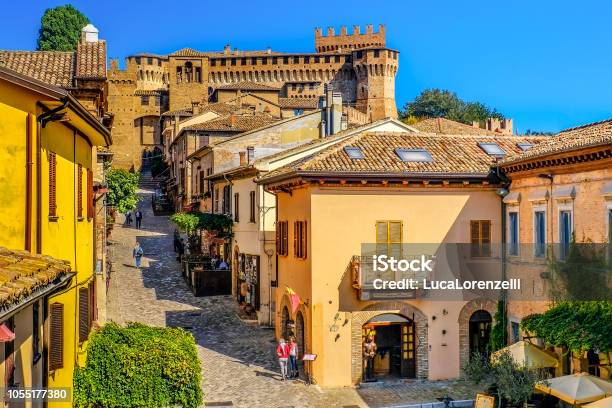 Mediaeval Town Buildings Of Gradara Italy Colorful Houses Village Streets Stock Photo - Download Image Now