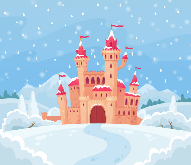 bajki zamek zimowy. magiczny śnieżny krajobraz ze średniowiecznym zamkiem kreskówkowym ilustracją w tle - castle fairy tale palace forest stock illustrations