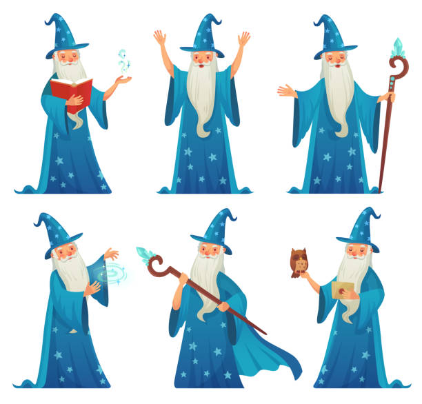 Cartoon wizard character. Old witch man in wizards robe, magician warlock and magic medieval sorcerer isolated vector set Cartoon wizard character. Old witch man in wizards robe, magician warlock and magic medieval spelling sorcerer merlin, male witchcraft in hat and mantle Mystery isolated vector icons set merlin the wizard stock illustrations